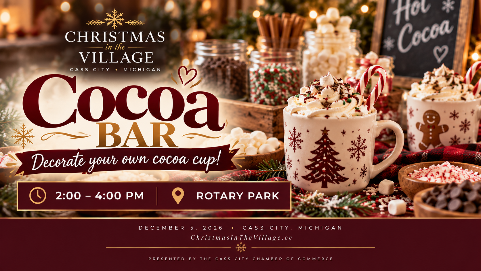 Hot Cocoa and Cup Decorating at Rotary Park during Christmas in the Village, a family Michigan Christmas event in Cass City