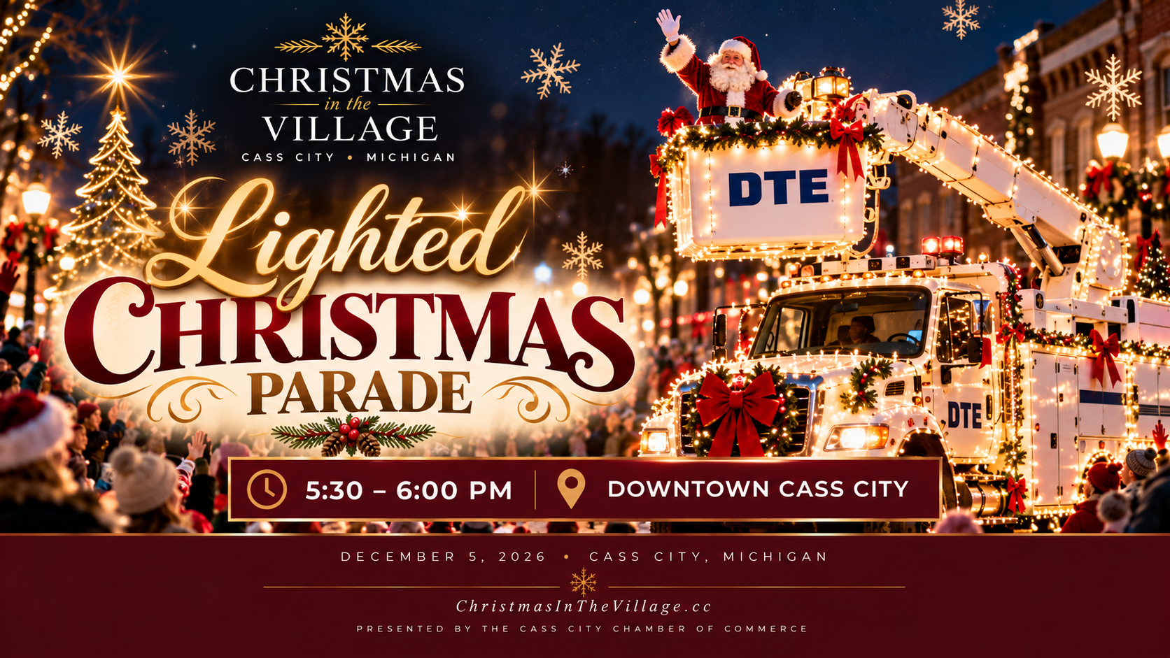 DTE Lighted Christmas Parade with Santa on a decorated DTE truck in downtown Cass City Michigan during Christmas in the Village
